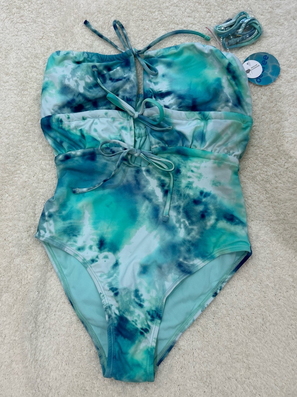 NWT Decree Tie-Dye One-Piece Swimsuit Green/Blue Size XS Keyhole Front Ties